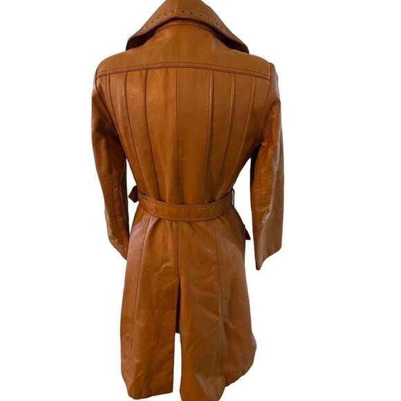 Vintage 70s Montgomery Ward The Tannery Belted BURNT ORANGE TRENCH Leather COAT - Picture 3 of 5